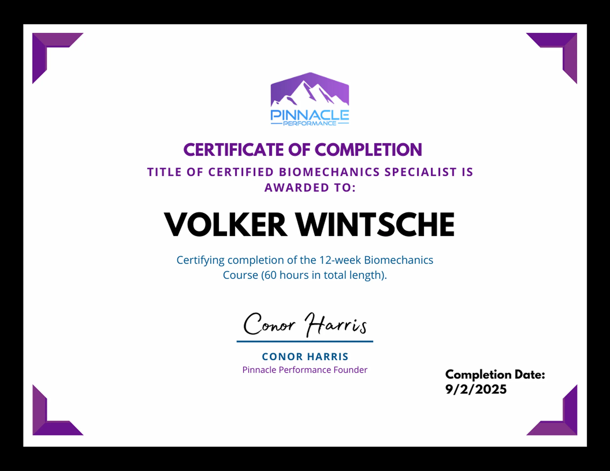 Volkers Zertifikat für einen 12 woechigen Biomechanikkurs von Conor Harris