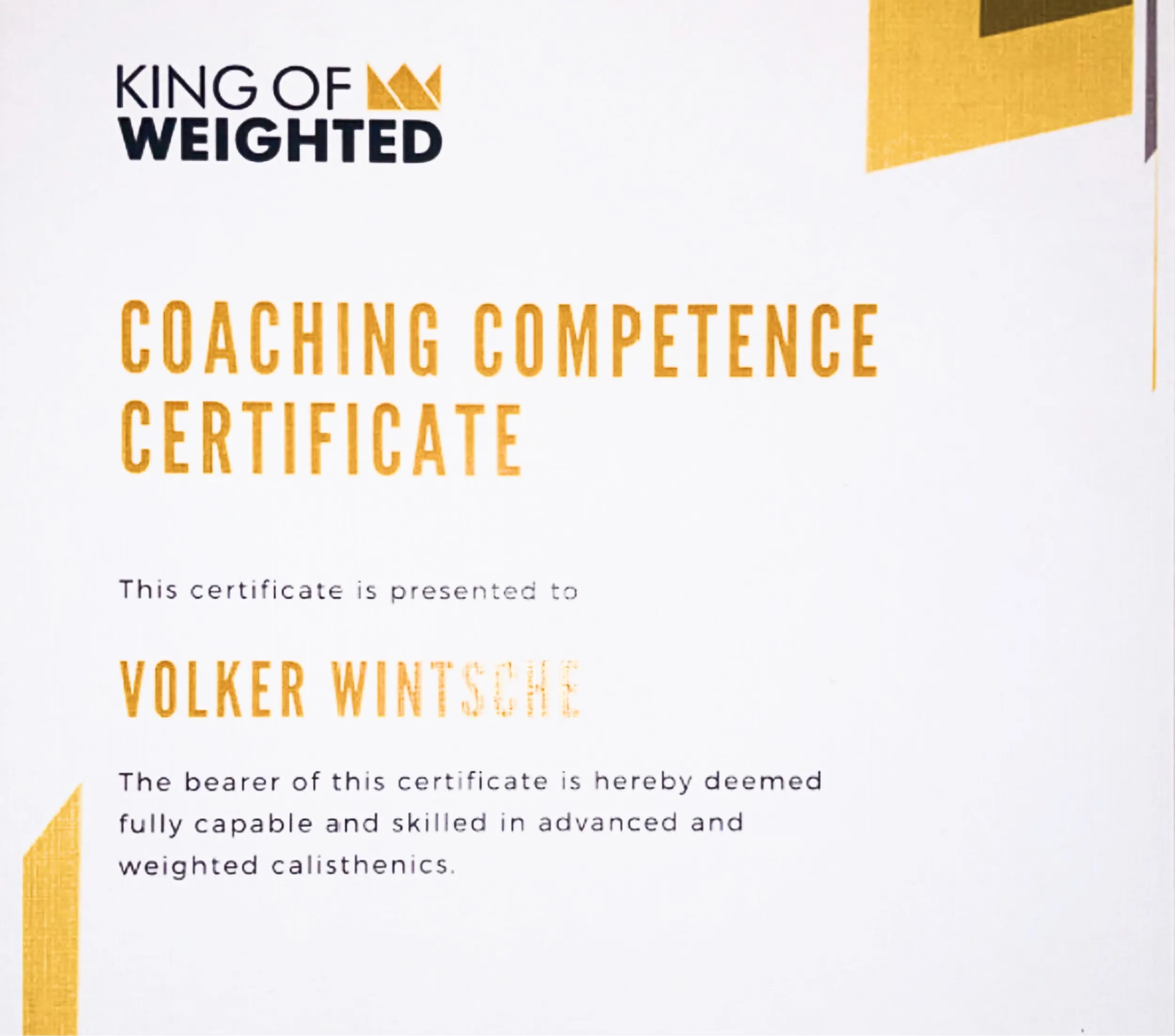 Volkers Zertifikat für calisthenics-coaching-competence von Michael Schulz von king-of-weighted