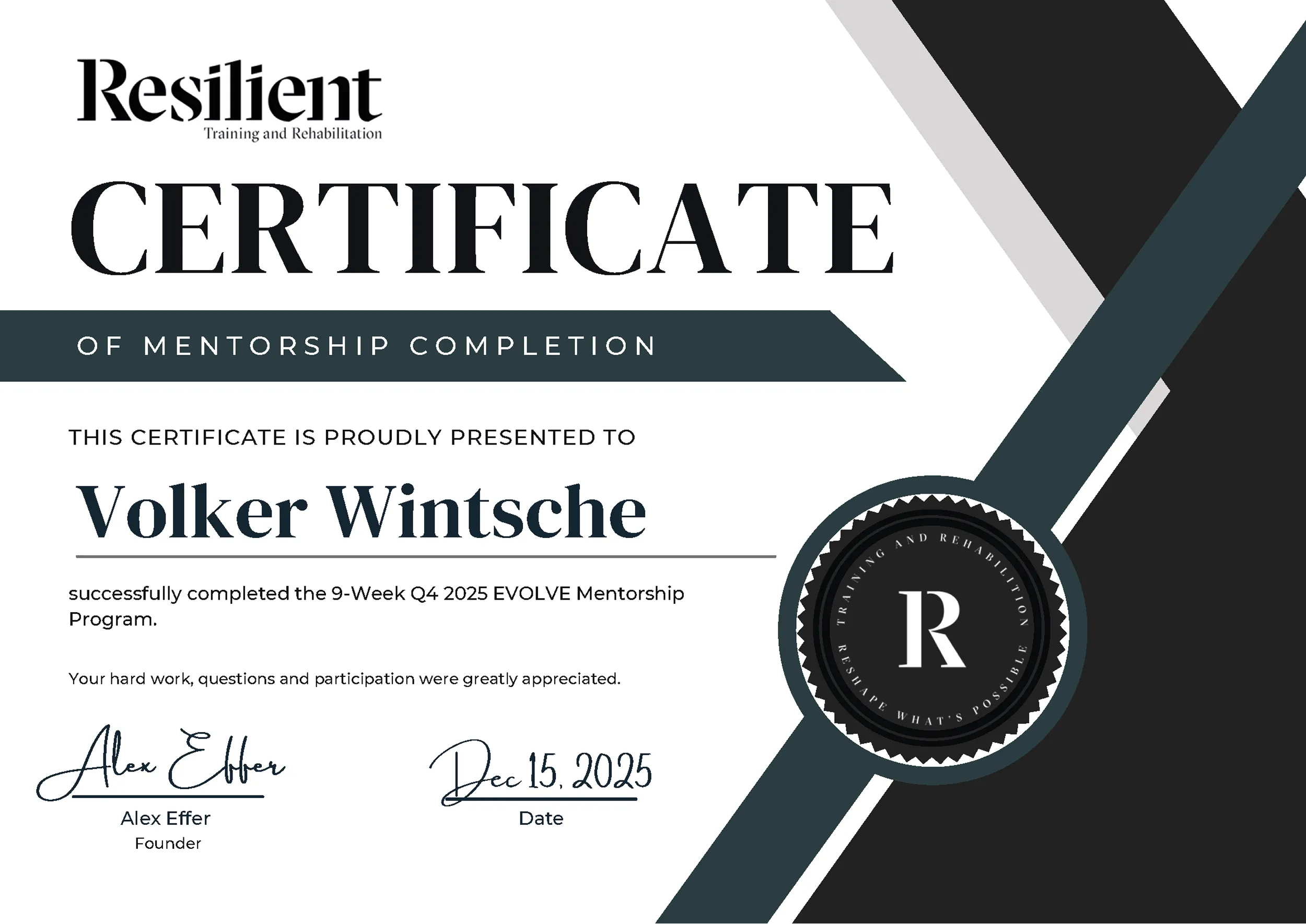 Volker Zertifikat für Training-for-rehabilitation von Resilient by Alex Effer